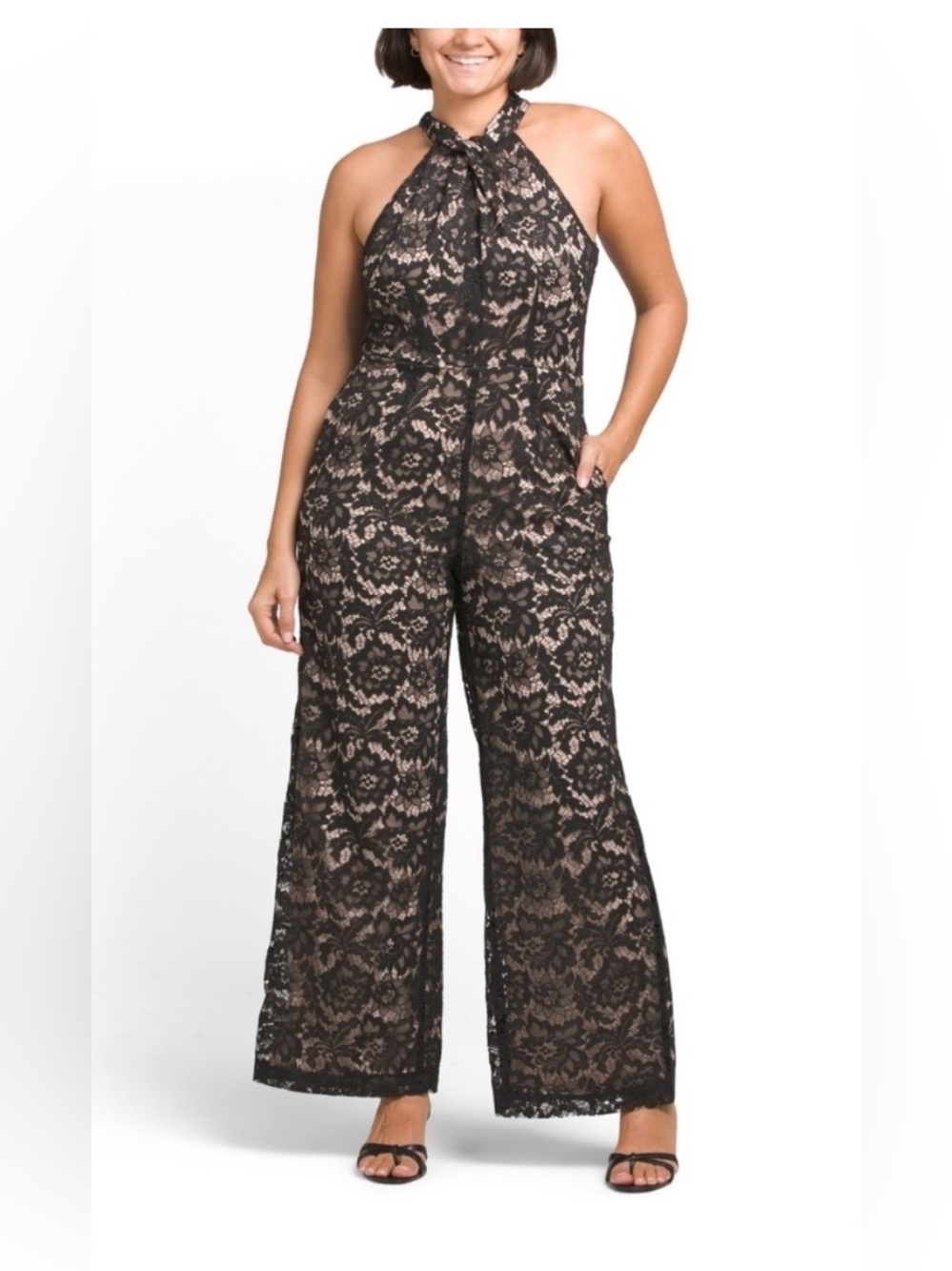 Julia Jordan Black Lace Overlay Halter Evening Jumpsuit